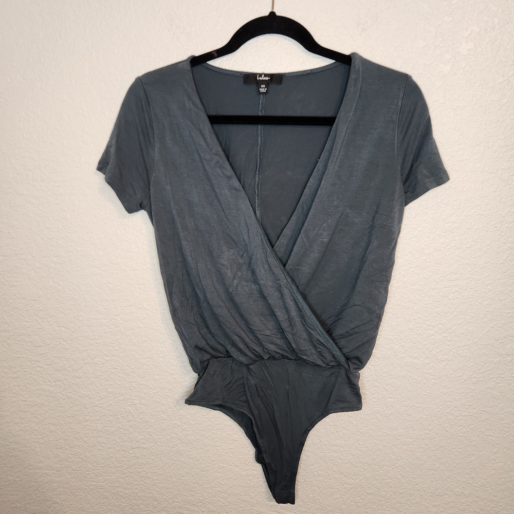 Lulu's Marren slate blue Green surplice Bodysuit XS